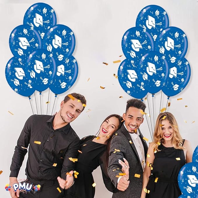 PMU 100 Pcs Blue Graduation Balloons Class of 2025 with All-Over Print White Grad Caps-Confetti and Streamers | Graduation Party Supplies | Congratulations Grad Latex Balloons Latex