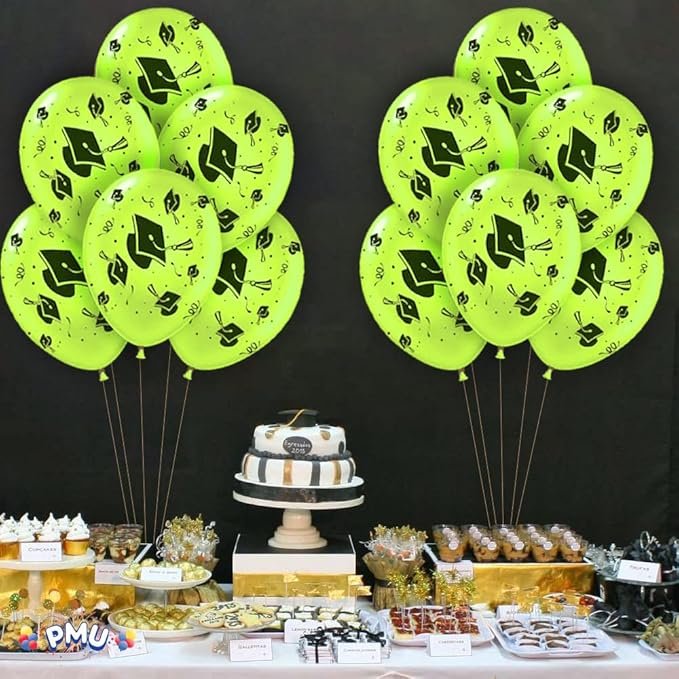 PMU 100 Pcs Lime Green Graduation Balloons Class of 2025 with All-Over Print White Grad Caps-Confetti and Streamers | Graduation Party Supplies | Congratulations Grad Latex Balloons Latex