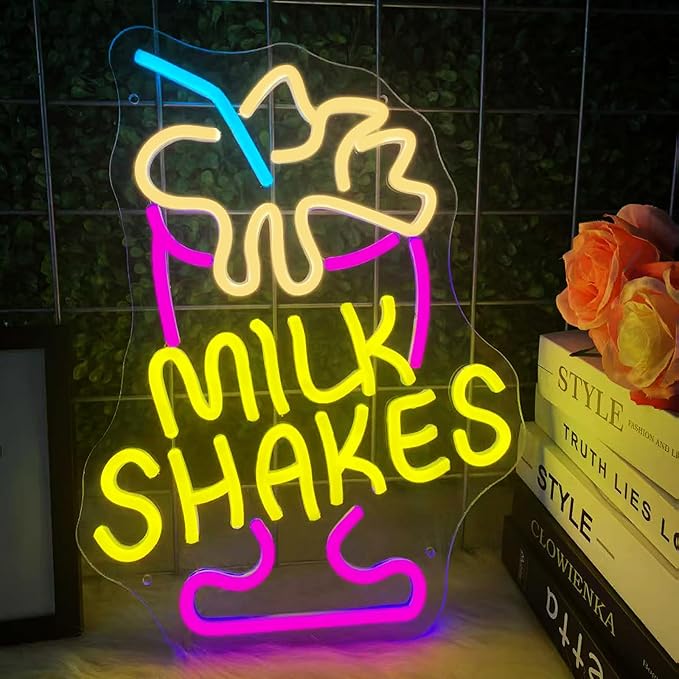 Milk Shakes Neon Sign Ice Cream Neon Signs for Wall Decor, Colorful LED Neon Lights for Dessert Shops Restaurants Bars with USB Power & Light-Up Signs