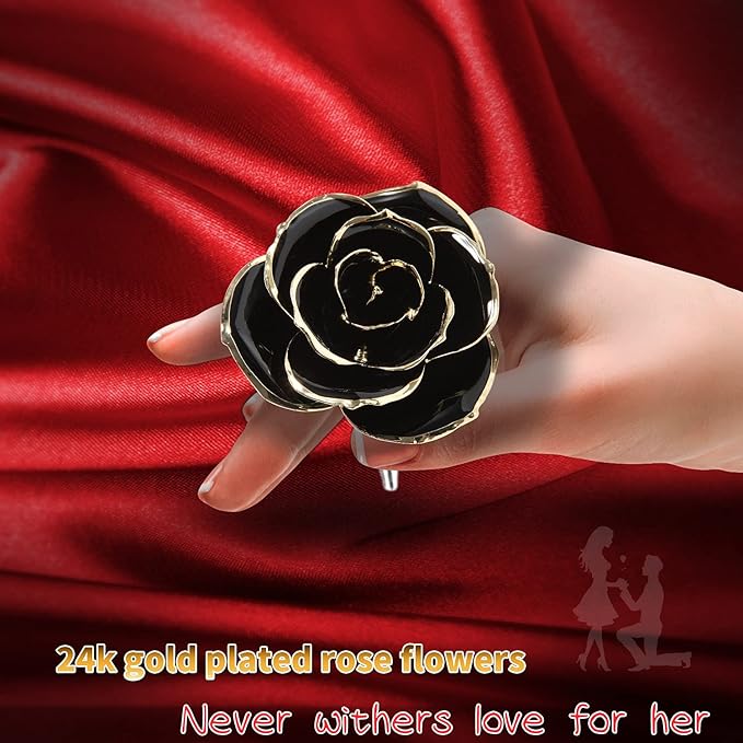 Gold Real Rose, Gold Dipped Rose Made from Real Rose Best Gifts for her and Great Gifts for Girlfriend, Black with Stand
