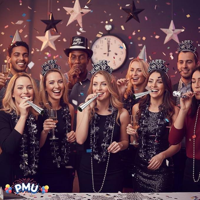 PMU New Year's Eve Party Supplies New Year's Eve Decorations Supplies, 2026 Silver Legend Illusion Party Kit Assortment for 50 Persons - Outfits for Adults, Men and Women (50/psn) Pkg/1