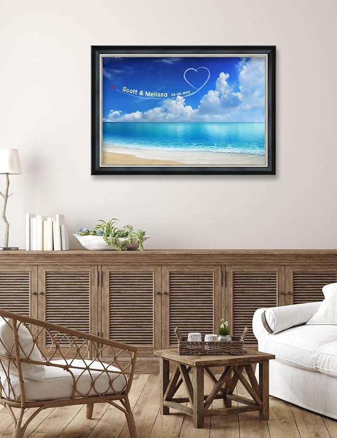 IPIC - Seaside Skywriting, Personalized Ideal Gift Custom Framed Wall Art with Names and Date, Giclee Prints with Solid Wood Frame, Unique and Memorable Present. Wall Art for Home Decor.