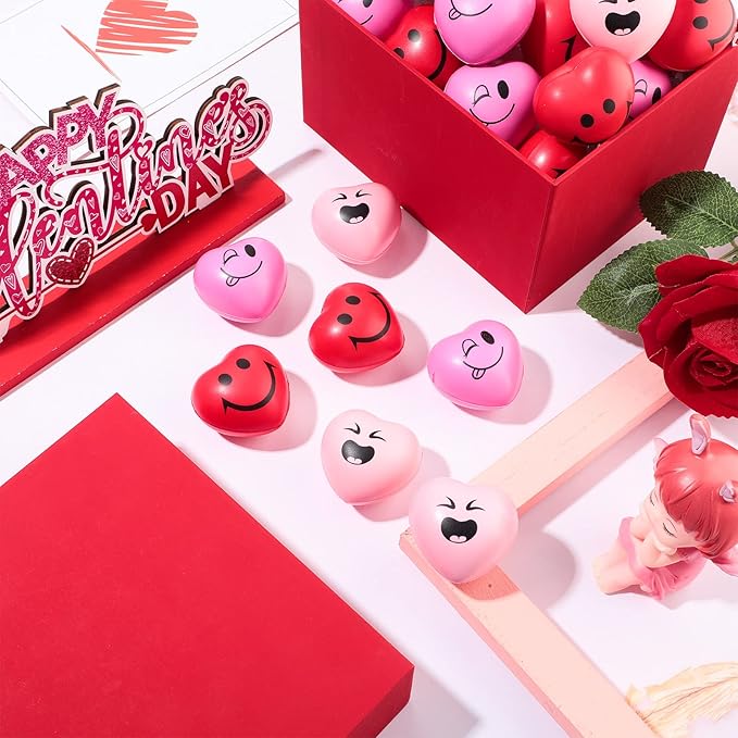 BBTO 150 Pcs Valentine's Day Stress Relief Balls 3 Styles Heart Smile Face Foam Balls Stress Relief Toys Party Favors for Teens Adults Student School Prizes Gift Bag Fillers (Red and Pink)