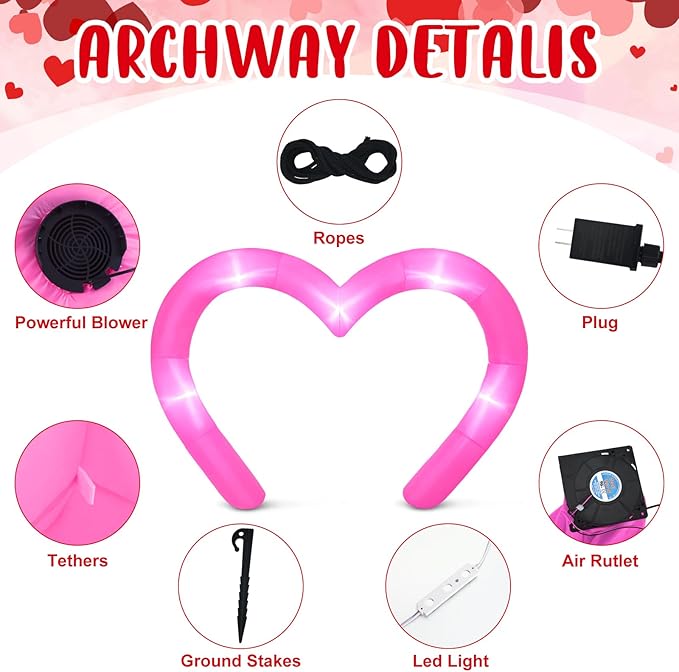 Shappy 9 FT Valentine Inflatables Outdoor Decorations Heart Blow up Inflatable Archway with Build in LEDs for Indoor Outdoor Lawn Yard Garden(Pink)