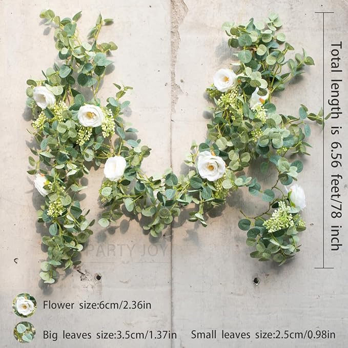 PARTY JOY 2pcs 6.56ft Eucalyptus Garland with Flowers-8 White Roses, Artificial Fake Flowers Greenery Garland Floral Vines for Decoration Party Wedding Table Indoor Outdoor Backdrop Wall Decor(White)