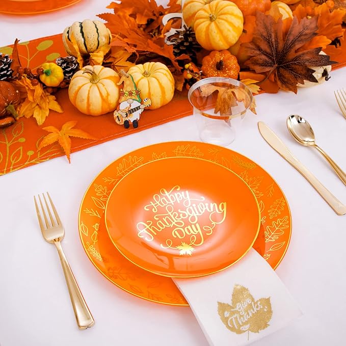 Nervure 175PCS Thanksgiving Plates - Orange and Gold Disposable Plates Include 25Dinner Plate, 25Dessert Plate, 25Cups, 25Knives, 25Forks, 25Spoons, 25 Fall Napkins for Thanksgiving Day