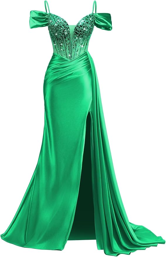 Rjer Off The Shoulder Satin Prom Dresses Long with Slit Tail 2026 Sequin Beaded Pleated Evening Ball Gown for Women Formal