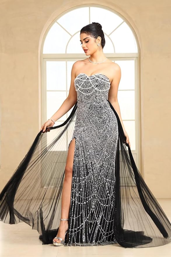 BABYONLINE D.R.E.S.S. Women's Handmade Sequin Evening Gown, Strapless Formal Dress with Side Split, Mesh Overlay 3200