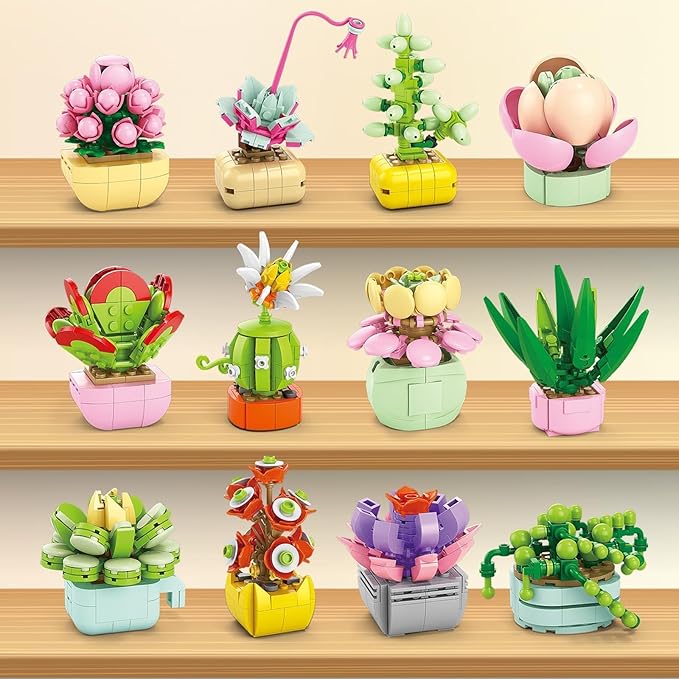 Valentines Day Gifts for Kids - 24 Packs Succulents Building Blocks with Valentines Day Cards for Kids School Boys Girls, Artificial Botanical Toy Exchange Gifts Classroom Prizes Party Favor