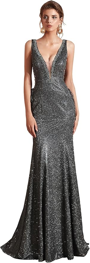 Women's Double V-Neck Sequins Lace-up Mermaid Evening Dress