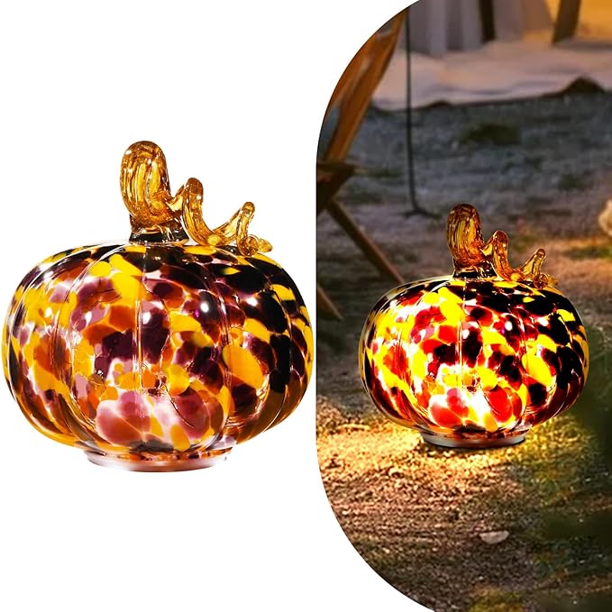 Handcrafted Glass Pumpkin with Warm LED Lights - Halloween & Thanksgiving Decor, Gift-Worthy Fall Home Decoration, 5.9-Inch Light-Up Tabletop Centerpiece (Vine Orange and Purple)