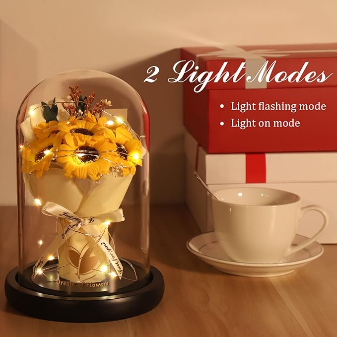 Valentines Day Gifts, Sunflower Gift for Mom-Preserved Artificial Rose Flower Gifts for Women Friends Sunflower Gifts for Her,Light Up Rose in Glass Dome-Thankgiving Birthday Valentine Anniversary