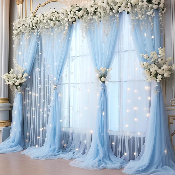 30x10ft Baby Blue Tulle Backdrop Curtain with Lights String for Parites, Sheer Photo Backdrop Curtains with Lights for Wedding Backdrop Ceremony Reception Bridal Shower Baby Shower Birthday Party