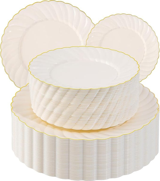 U-QE 100 Piece Ivory Scalloped Plastic Plates for Party with Gold Rim - Plastic Party Plates Disposable Heavy Duty - High End Disposable Plates Include 50pcs Dinner Plates 9"&50pcs Dessert Plates 6.5"
