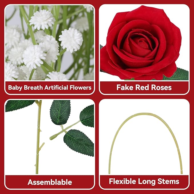 HyeFlora 35 PCS Artificial Red Roses with 15 PCS Fake Baby Breath Realistic Fake Flowers Bouquet with Long Stem for DIY Wedding Party Home Decoration Vase Tables Centerpieces Arrangements Gift for Her