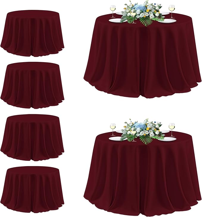 sancua Round Tablecloth 132 Inch Diameter, 6 Pack Burgundy - Circle Polyester Fabric Table Cloth for Christmas Party Reception Banquet Birthday, Washable Formal Table Cover (Fit 54-96 Inch Tables)