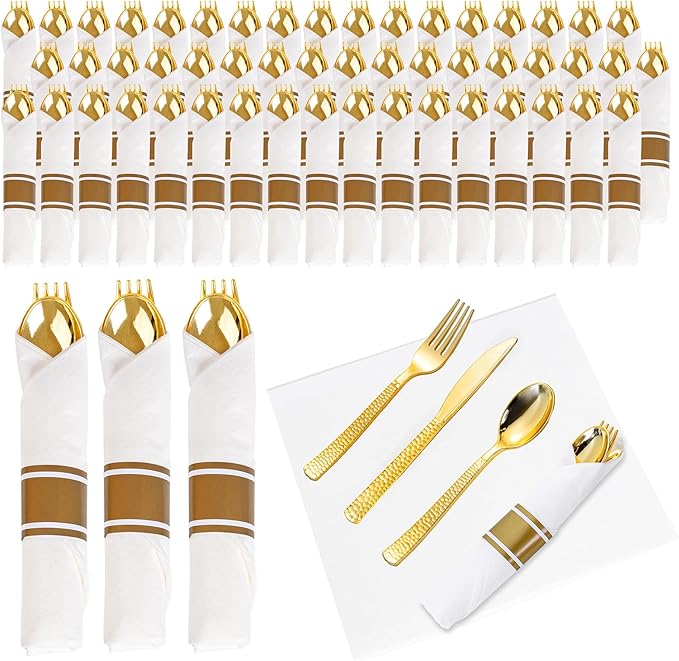 WELLIFE 100 Pack Gold Plastic Silverware, Pre Rolled Silverware Set Disposable,Plastic Cutlery Includes: 100 Forks, 100 Knives, 100 Spoons, 100 Napkins, Cutlery Set Disposable for Party