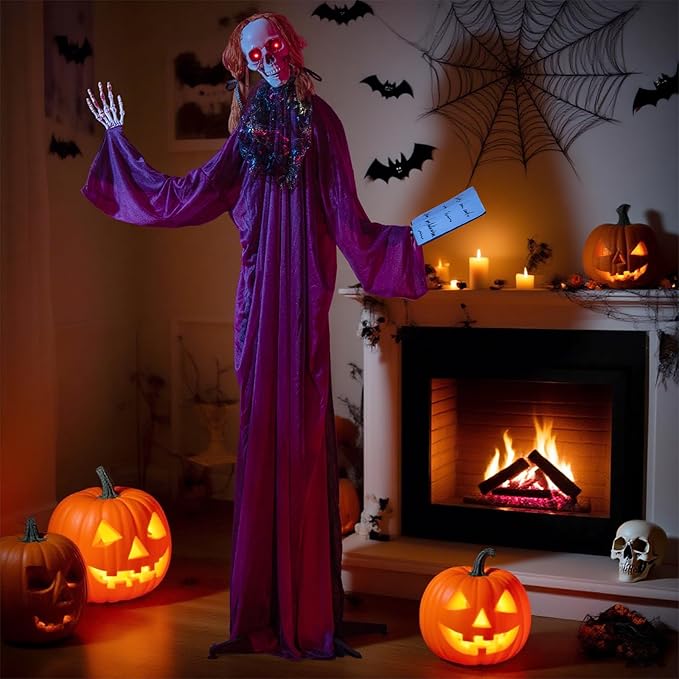 BECOMFORT 6 FT Halloween Animatronics, Sound-Activated Skeleton Girl with Book, Glowing Eyes, Howling Sounds, Moving Head & Posable Arms, Animated Halloween Props Decoration for Indoor & Outdoor
