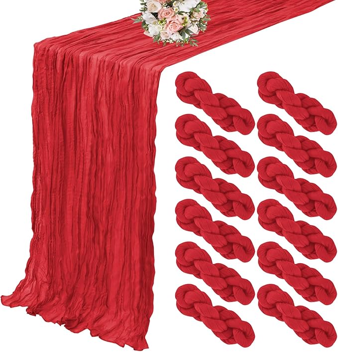 12 Pack Cheesecloth Table Runner 20 x 120 inch Cheese Cloth Table Runner Bulk,Romantic Boho Sheer Gauze Fabric Table Runners for Wedding Reception,Party,Bridal Shower Table Decor(Red)