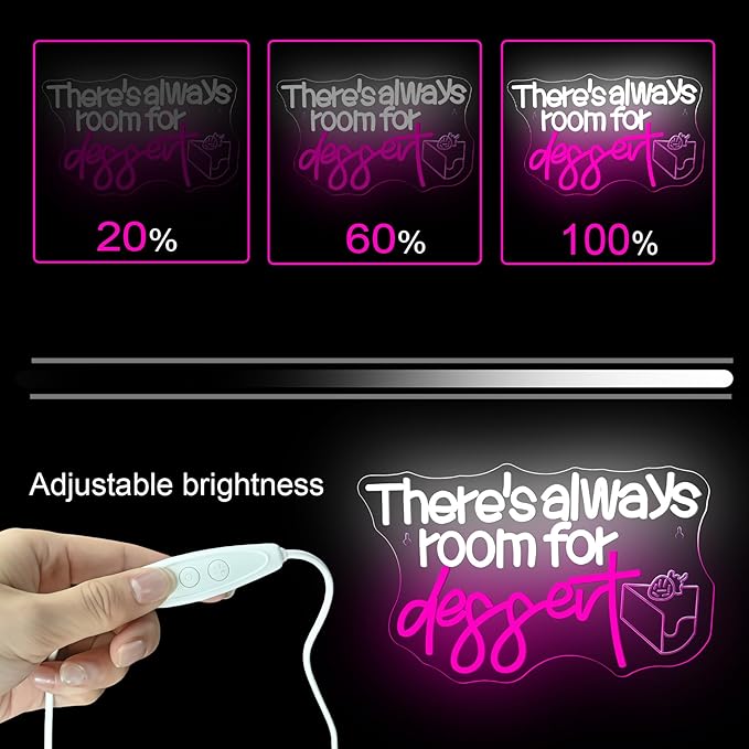 NOSUN There's Always Room for Dessert Neon Sign LED Bar White Text Treat Yourself for Snack Candy Dessert Flower Bar Bedroom Wall Decor Wedding Birthday Party Home Room Gift