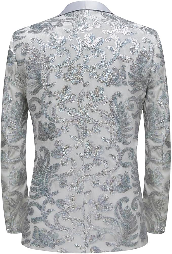 Men Fashion Velvet Sequins Floral Pattern Suit Jacket Blazer