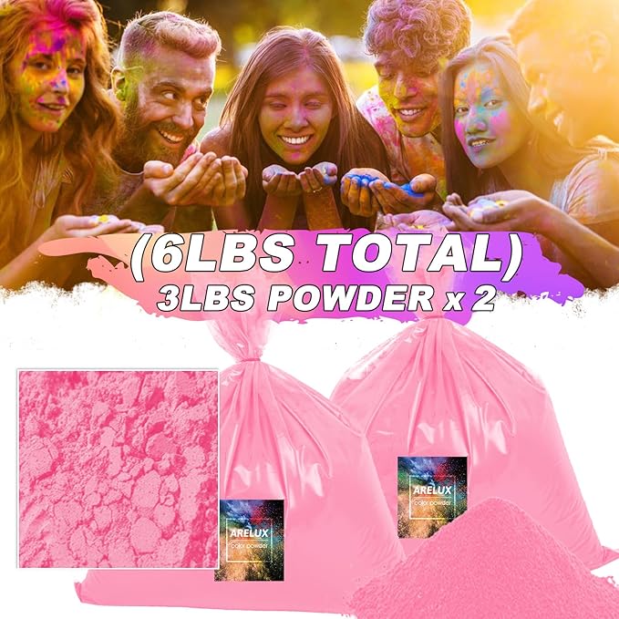 ARELUX Bright Pink Color Powder - 6lbs Bulk (2x3lb) for Color Wars, Powder War & Fun Events | Durable Individual Packets, Vibrant Holi Powder for Gender Reveal, Run, Rangoli, Parties | Non-Toxic