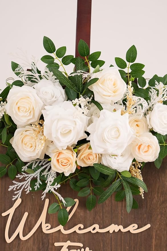 2pcs Champagne & White Deluxe Welcome Sign Artificial Flowers Wedding Backdrop Garland Hanging Floral Arrangements for Ceremony Reception Entryway Board Sweetheart Table