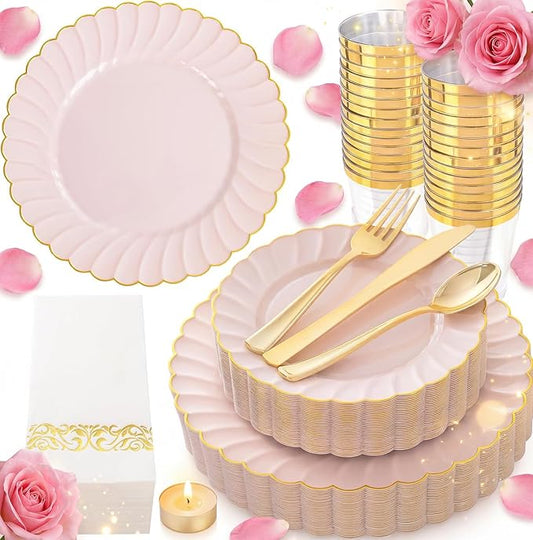 YOUBET 175PCS Pink Scalloped Plastic Plates - Gold Disposable Dinnerware Set Include 50 Plates, 75 Gold Silverware, 25 Cups, 25 Napkins for Party & Wedding & Baby Shower Valentines Day