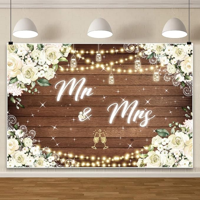 12x10ft Mr and Mrs Floral Backdrop for Bridal Shower White Flowers Photography Background Couple Wedding Party Decorations Bride Engagement Banner Props