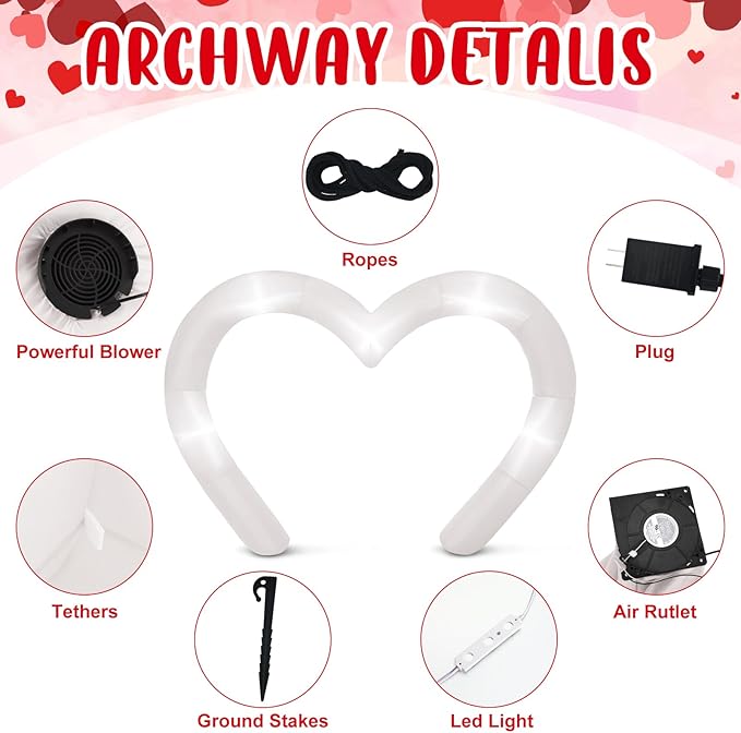 Shappy 9 ft Valentine Inflatables Outdoor Decorations Heart Blow up Inflatable Archway with Build in LEDs for Indoor Outdoor Lawn Yard Garden(White)