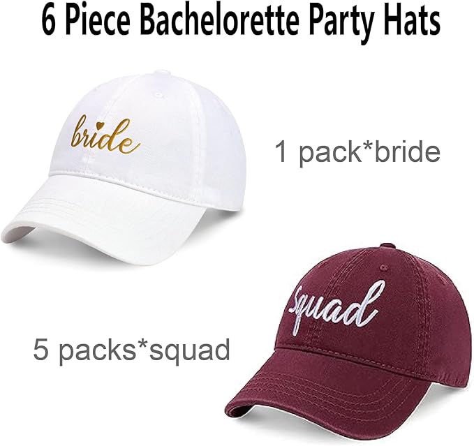 PartyGifts&beyond 6Packs Bachelorette Hat Bridesmaid Hat Bachelorette Party Favors Embroidered Bride Squad Baseball Cap