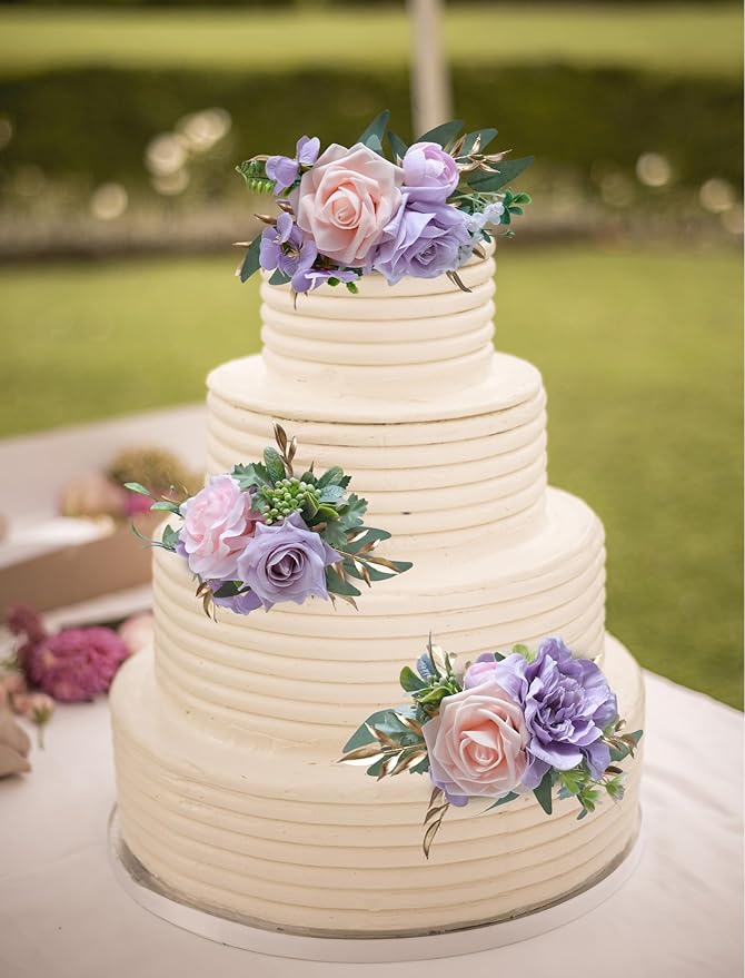 Marriwise 3Pcs Pre-made Cake Toppers Flowers, Pink and Purple Wedding Cake Decoration,Artificial Flowers Decor for Wedding Ceremony Anniversary,Birthday Party, Elegant and Dreamy Purple (Pink Purple)