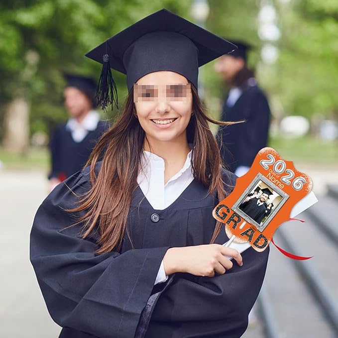 Personalized Graduation Double Sided Face Fan Class of 2026 Customized Graduation Head Face Cutout with Handle Fun Photo Prop Supplies(A-Orange and Black,24pcs)