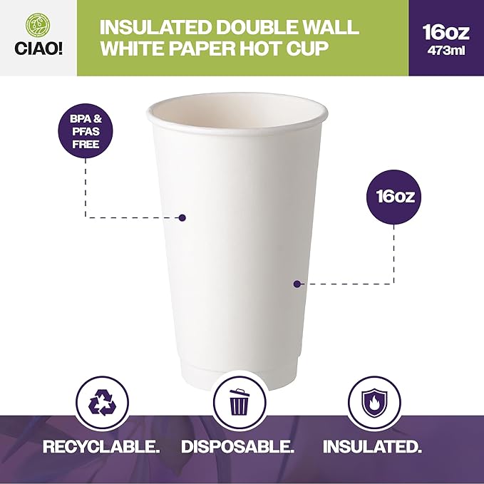 CIAO! 16 oz Insulated Double Wall White Paper Hot Cup, 90mm Diameter, 400 Count