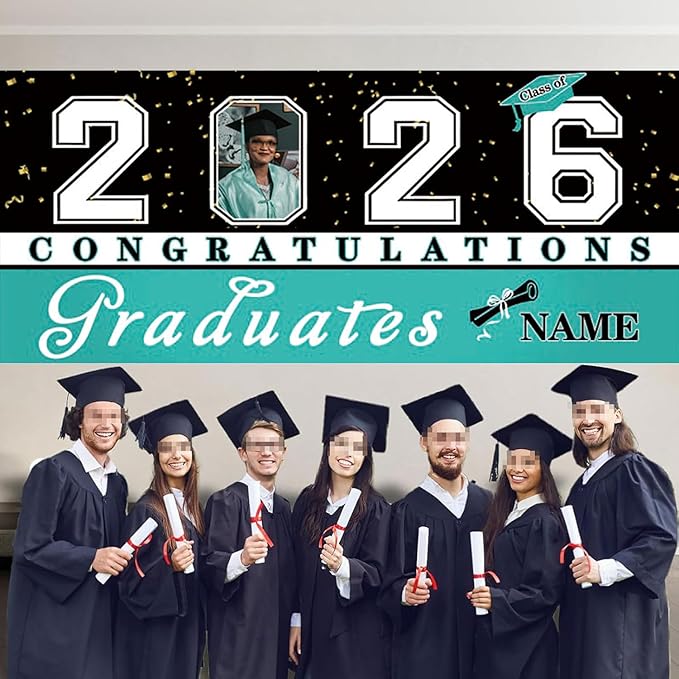 Custom Graduation Garage Door Banner Decoration 7x16ft with Photo Congrats Garage Door Cover 2026 Party Photo Booth Backdrop Party Supplies(Peacock Blue)