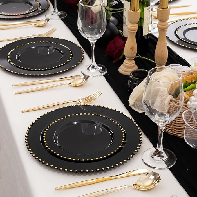 supernal 100pcs Black and Gold Plastic Plates,Black Disposable Plates,Halloween Party Supplies Including 50 Dinner Plate and 50 Disposable Dessert Plate,Heavy Duty Plastic Platos for Halloween,Party