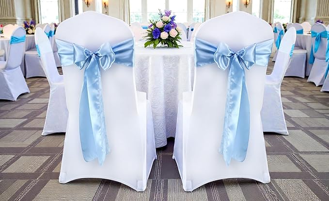 VDS Satin Chair Sashes Chair Cover Back Tie Sateen Bows Ribbon for Wedding Birthday Graduation Engagement Ceremony Event Party Banquet Venue Hotel All Dining Chair Decoration (50PC) (Baby Blue)