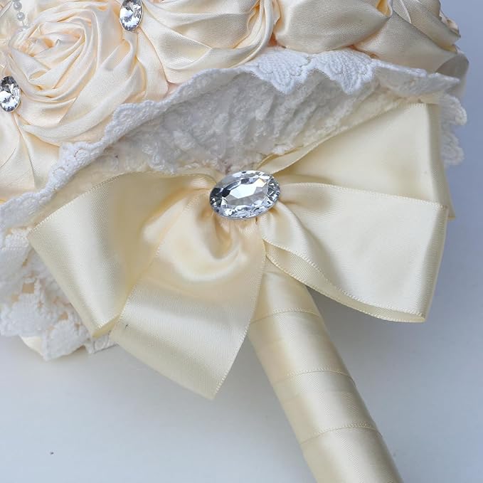 Bridal Wedding Bouquet for Bride Bridesmaid Wedding Quinceanera Throw Toss Artificial Rose Flower Bunch with Bling Brooch (6C#Apricot, Medium (Dia. 8.7"/22cm))