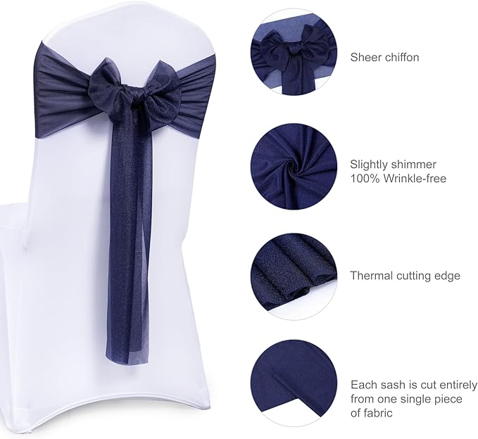 VDS Pack of 250, Navy Blue, Sheer Chiffon Chair Sashes Bows Chair Cover Back Tie Ribbon for Wedding Birthday Baby Shower Engagement Ceremony Event Party Banquet Restaurant Dining Chair Decoration