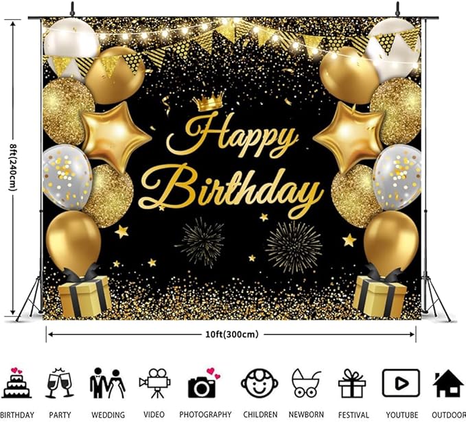 Chloroplastid 10x8ft Happy Birthday Backdrop Banner for Men Women Boys Girls Black and Gold Balloons Birthday Backdrop for Kids Children Birthday Party Background Decorations