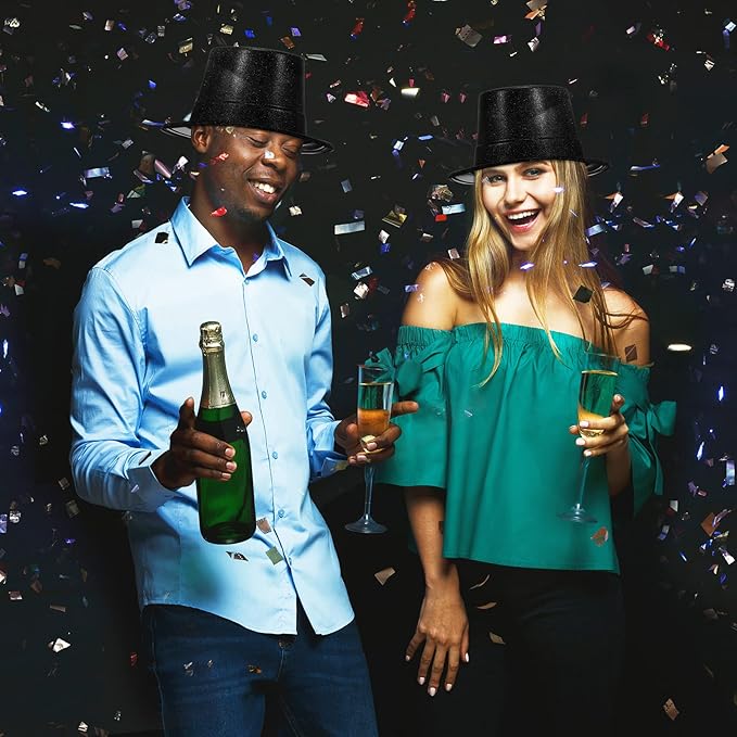 Hillban 50 Pack Glitter Top Hats Bulk Happy New Year Shiny Magician Top Hat for Adults Party