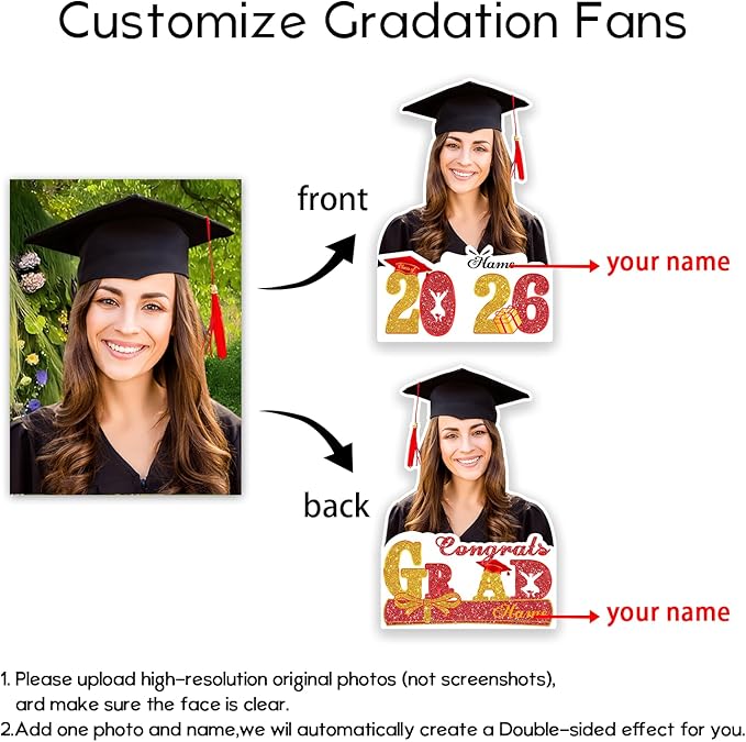 Personalized Graduation Face Fan 2026 Grade Custom Double Sided Face Cutout Fan with Handle Photo Booth Prop Party Supplies(B-Red and Gold,12pcs)