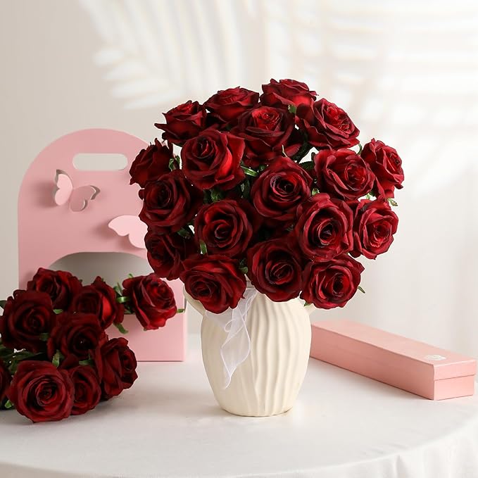 Kisflower 60 Pcs Burgundy Roses Artificial Flowers Bulk, Maroon Flowers Artificial Silk Roses with Stems for Decoration DIY Wedding Bouquet Bridal Shower Party Home Table Centerpieces Decor (Burgundy)