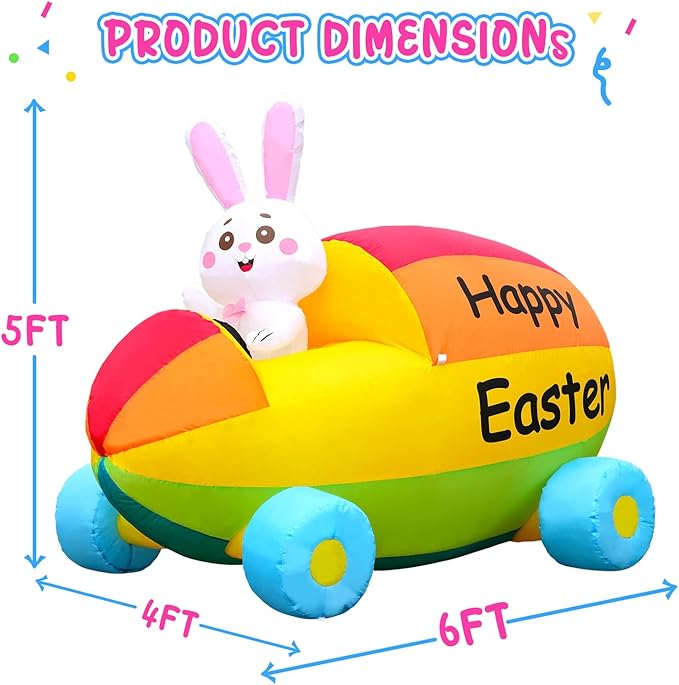2025 New Huge Easter Inflatable Bunny Driving Car Outdoor Decorations, Build-in LED Lights Holiday Blow Up Yard Decoration, for Easter Holiday Party, Outdoor,Garden, Yard Lawn Décor
