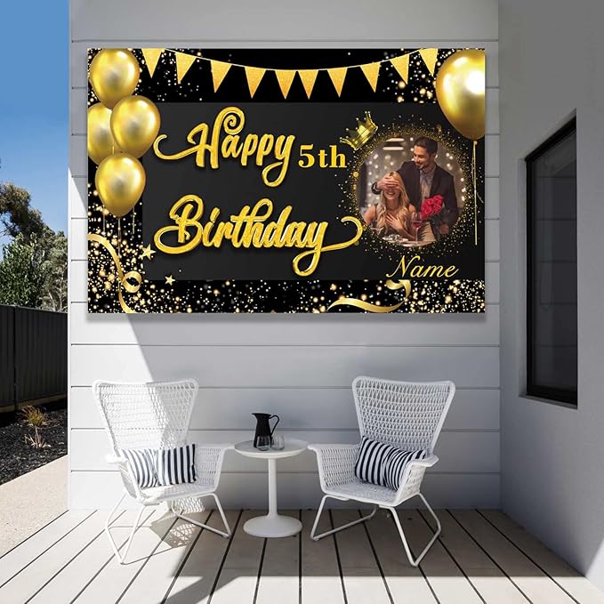 Custom Black and Gold Happy Birthday Party Decorations Supplies Personalized Black and Gold Birthday Backdrop Banner(6x9ft)