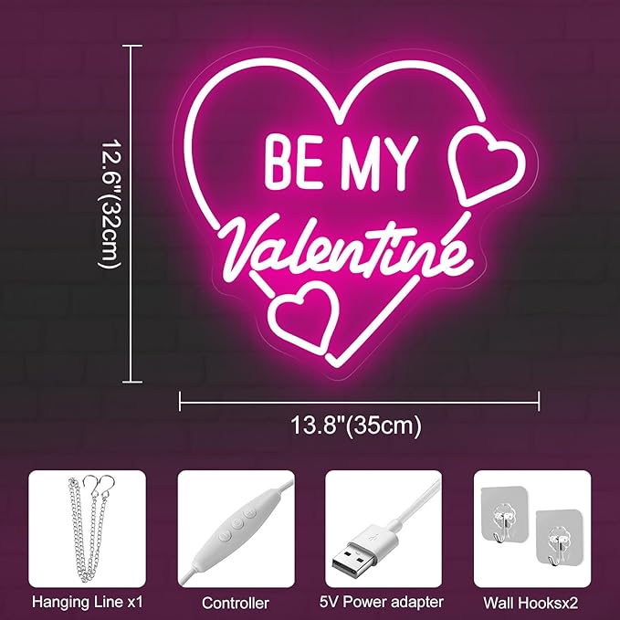 Be My Valentine Heart Neon Sign, Hot Pink Romantic Heart LED Light for Valentine's Day Gift, Bedroom, Living Room, Lover Decor, Anniversary, Couple Space Wall Art 13.8″ × 12.6″