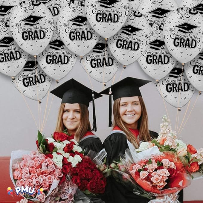 PMU 100 Pcs Silver Graduation Balloons Class of 2025 with All-Over Print White Grad Caps-Confetti and Streamers | Graduation Party Supplies | Congratulations Grad Latex Balloons Latex