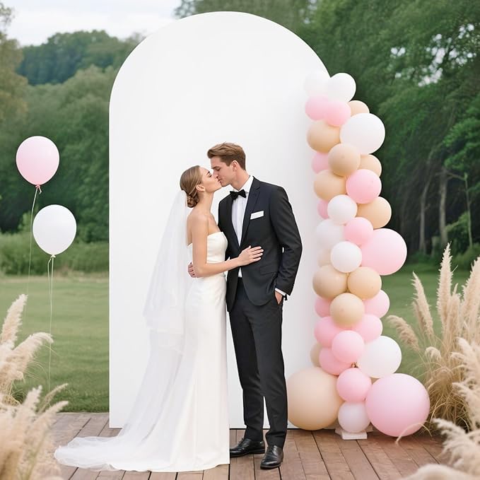 FUHSY 7.2FT Arch Backdrop Stand and Cover Set Balloon Metal Arch Stand with White Arched Backdrop Cover Wedding Arches Backdrops Stand Cover for Birthday Party Baby Shower Decor Indoor Outdoor
