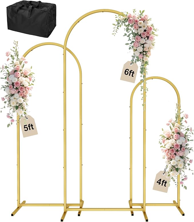 Wingedbird 3 Pack Gold Metal Arch Backdrop Stand – 4FT 5FT 6FT Balloon Arch Frame for Weddings, Easy Assembly, Indoor Outdoor Use, with Storage Bag, Durable Metal Construction
