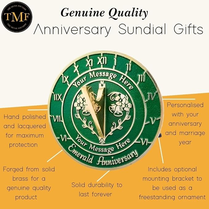 The Metal Foundry Personalized Emerald 55th Large Sundial - Recycled Brass Home Decor Or Garden Present Idea Made in The UK for Parents, Grandparents, Friends, Couples 55 Yr Marriage